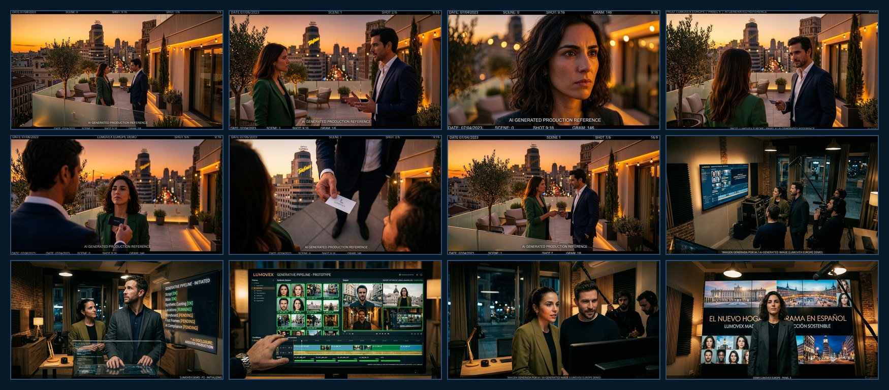 Selected first-frame outputs from the Lumovex AI Film Pipeline proof demo